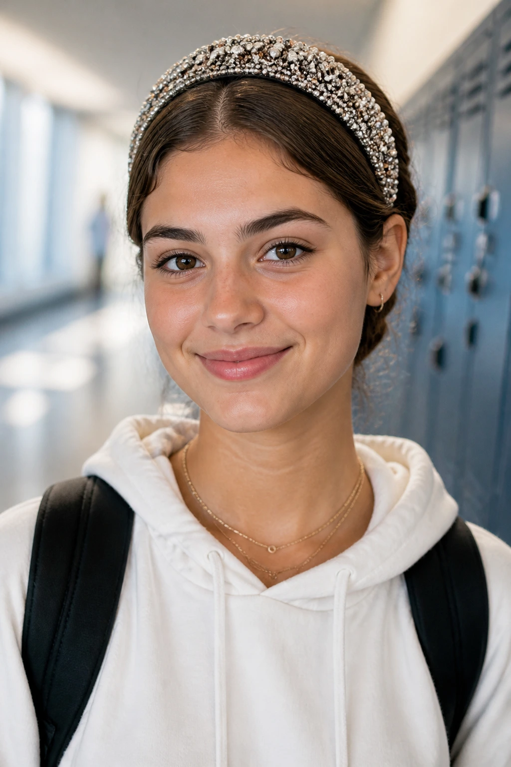 Close-up of a real student wearing a beaded headband tuck