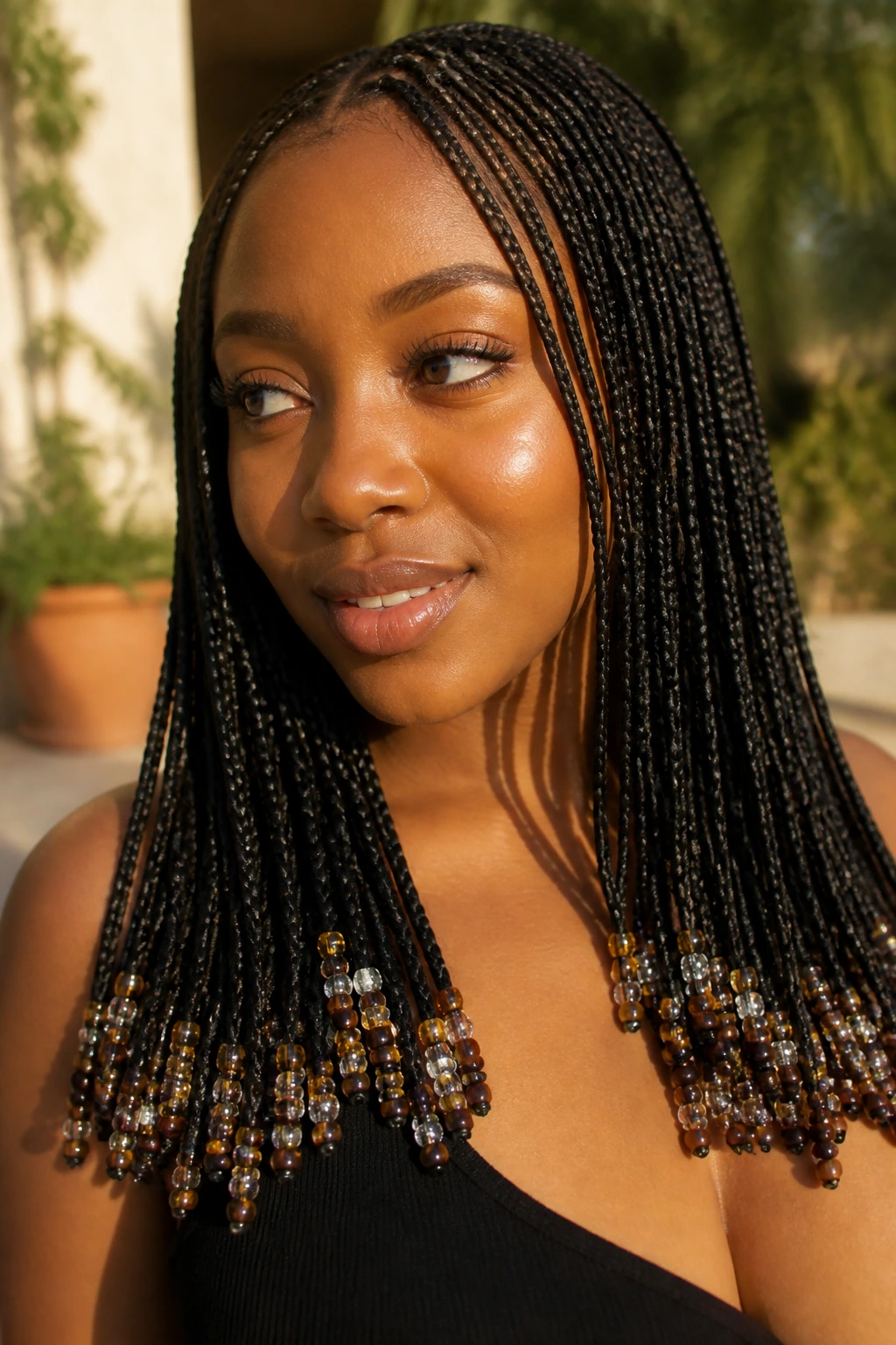 Close-up of micro cornrows with beads at the ends on a real person