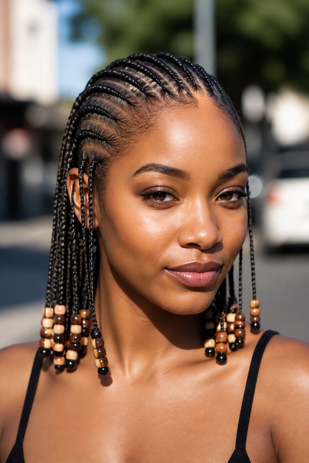 Portrait of a woman with beaded cornrows outdoors