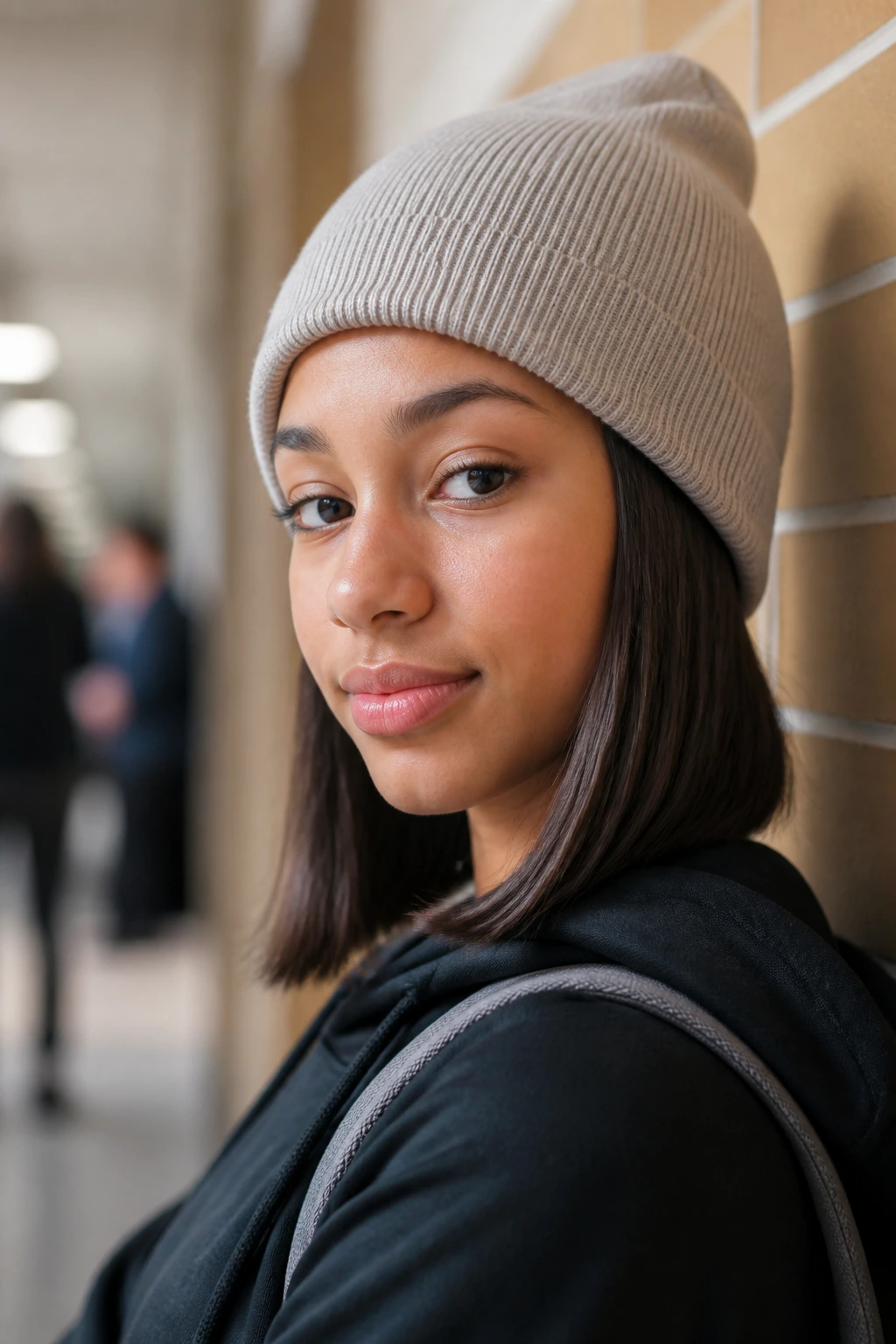 Close-up of teen with beanie showing smooth, protected hair ends