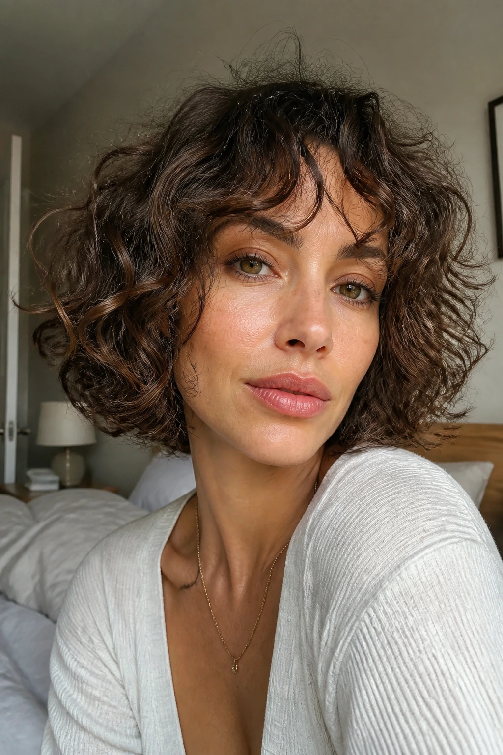 Close-up portrait of a woman with bedhead curly bob and soft curtain bangs