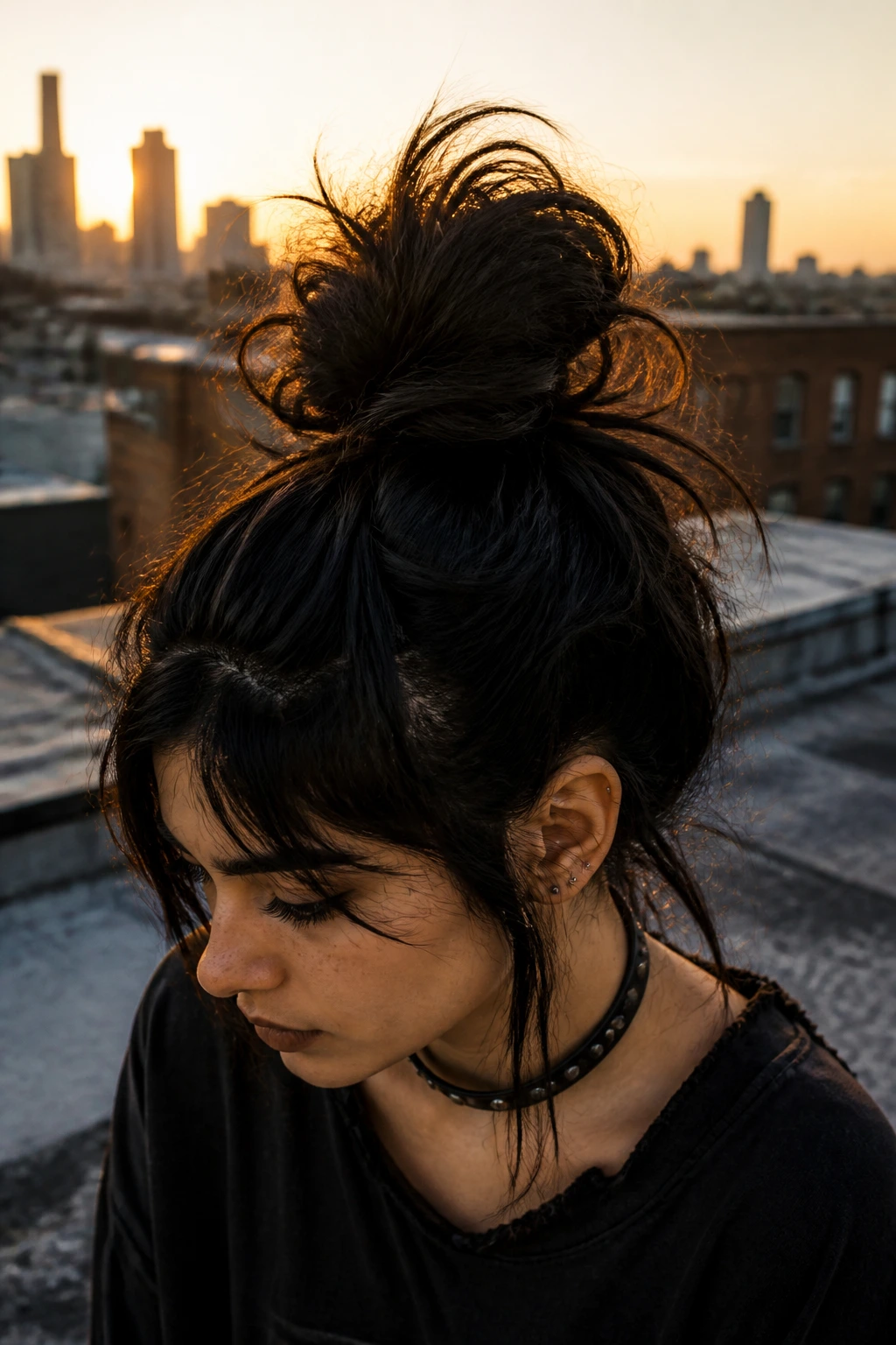 High messy top knot with jagged strands framing the face against a rooftop backdrop