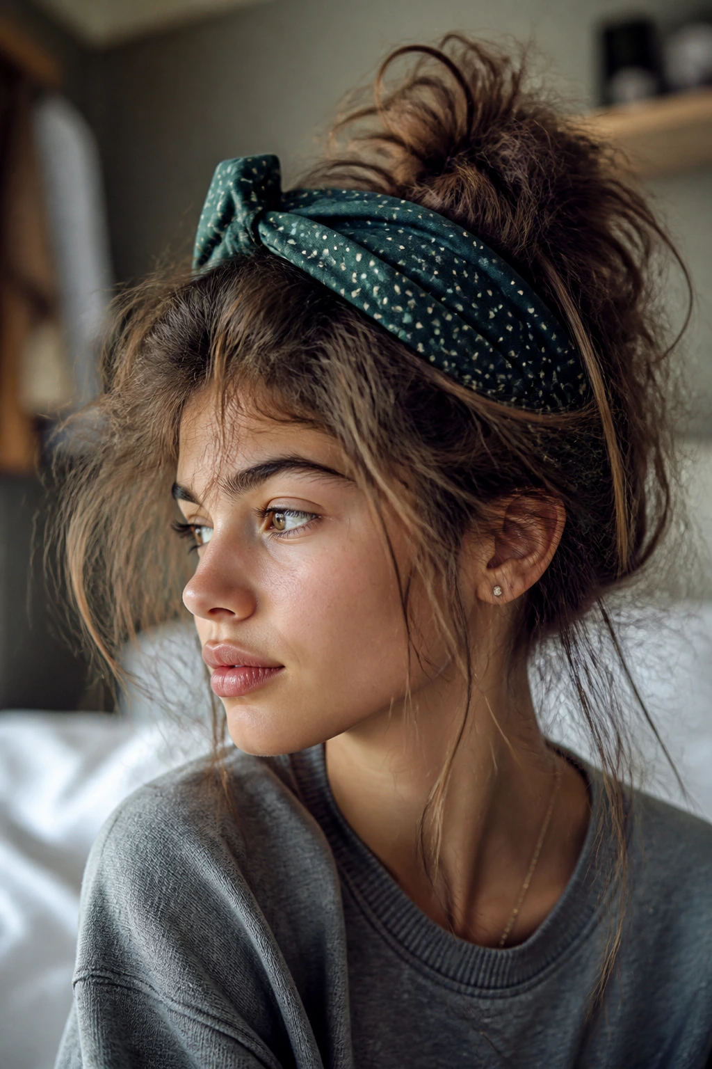 Close-up of a real student with bedhead texture and a bold hair accessory
