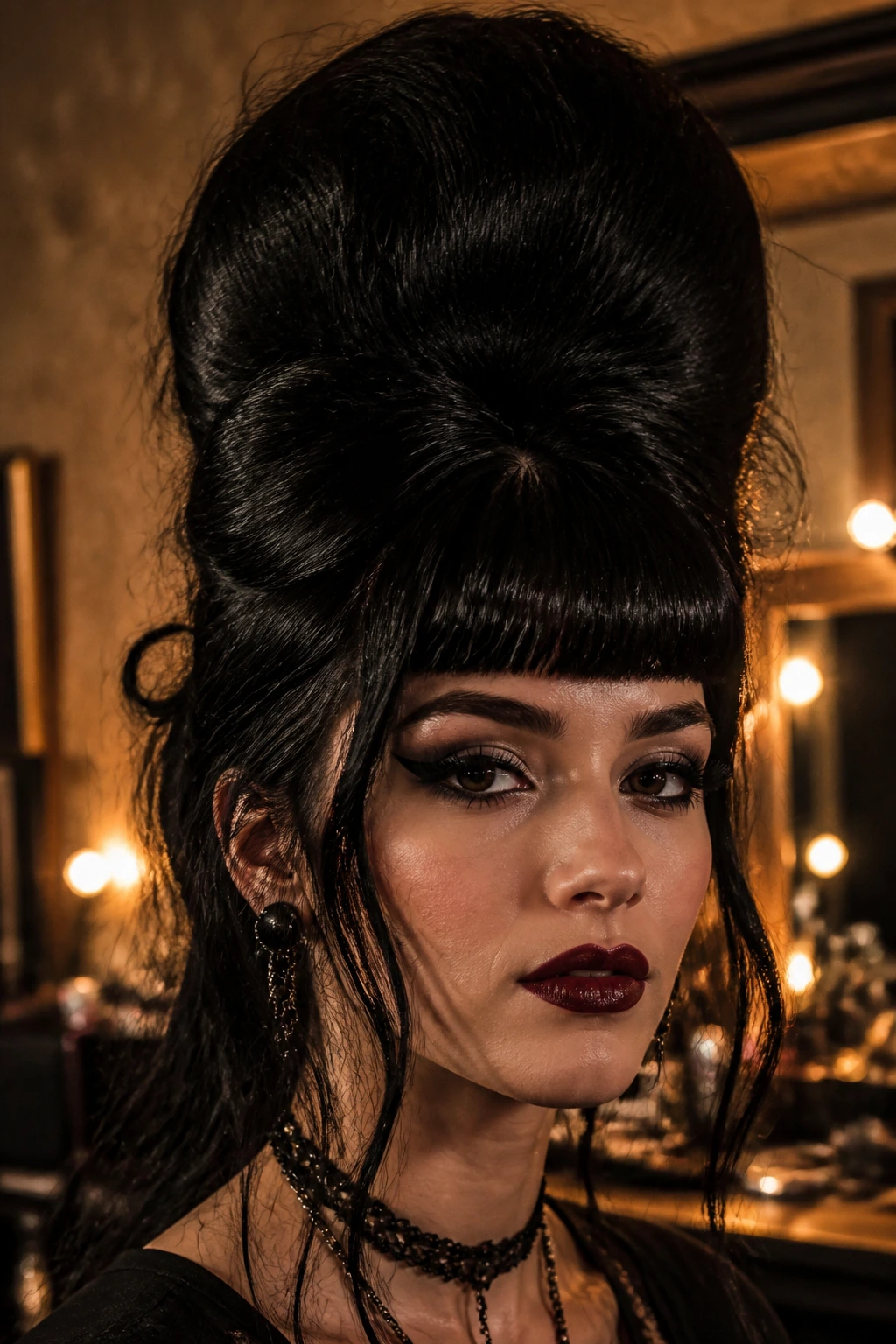 Close-up of a real person with a towering high-volume beehive goth hairstyle in moody backstage lighting