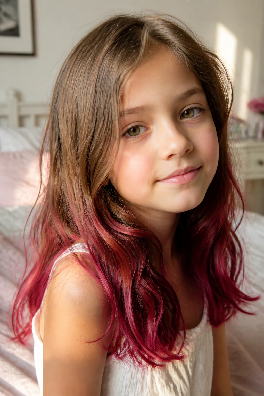 Close-up of a child with berry-stained ombré hair ends