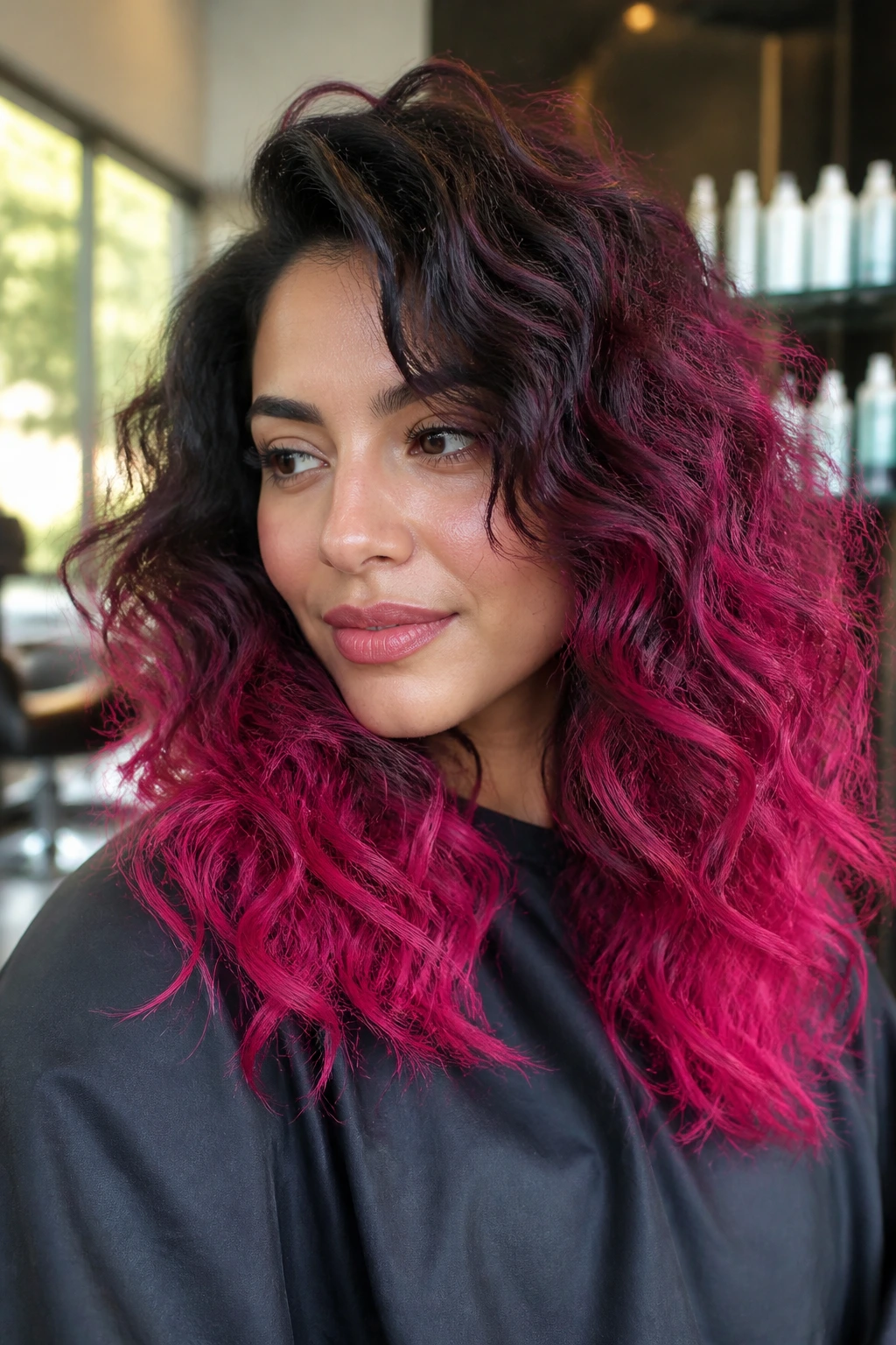 Portrait of a real person with thick textured hair in vivid berry ombré under natural daylight
