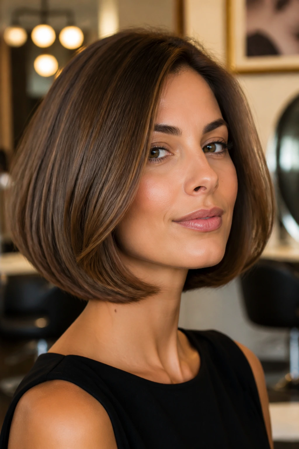 Close-up portrait of a real woman with a beveled chin-length bob curling inward