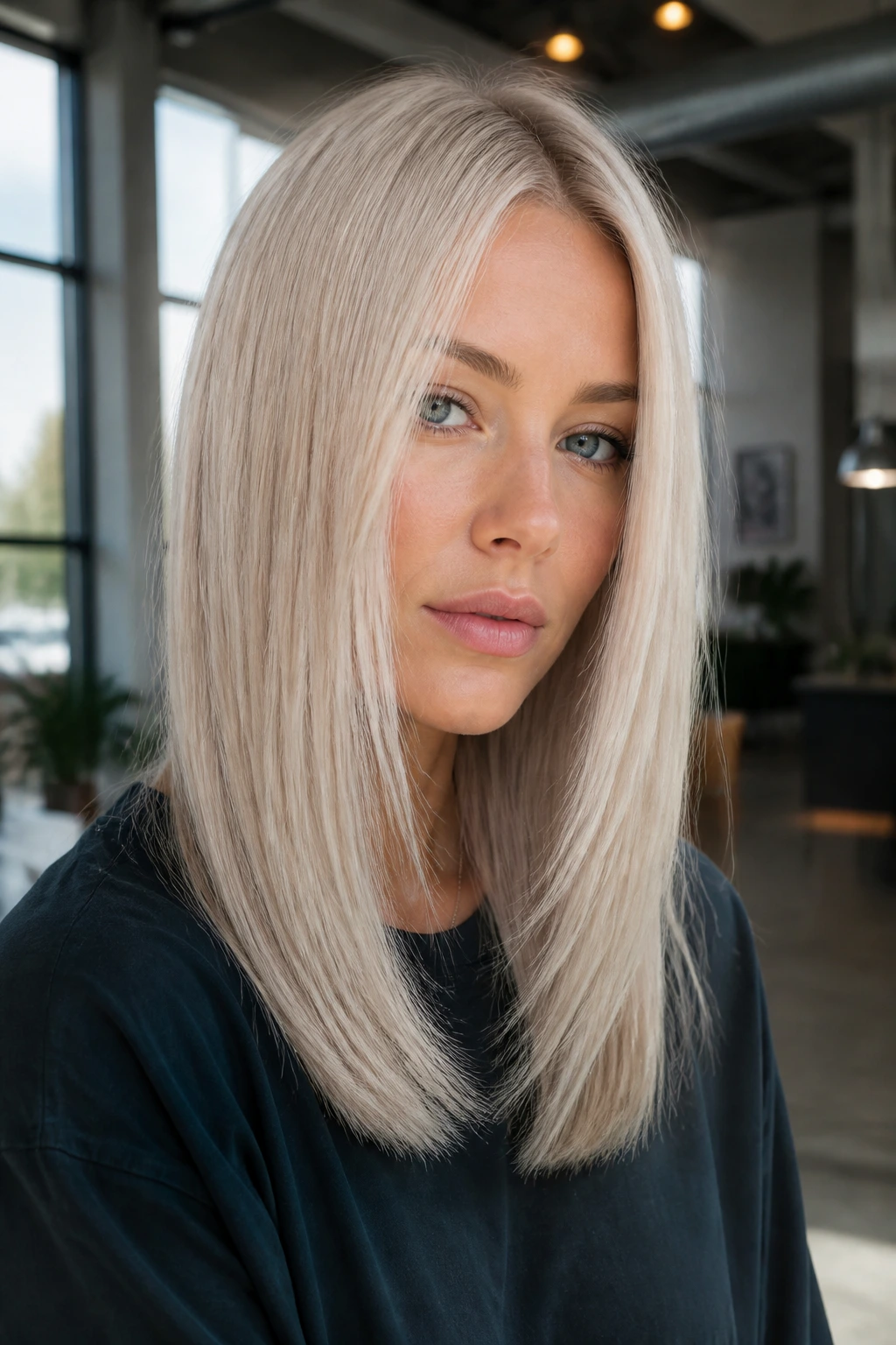 Close-up portrait of a real woman with Birch Beige straight hair in a bright loft