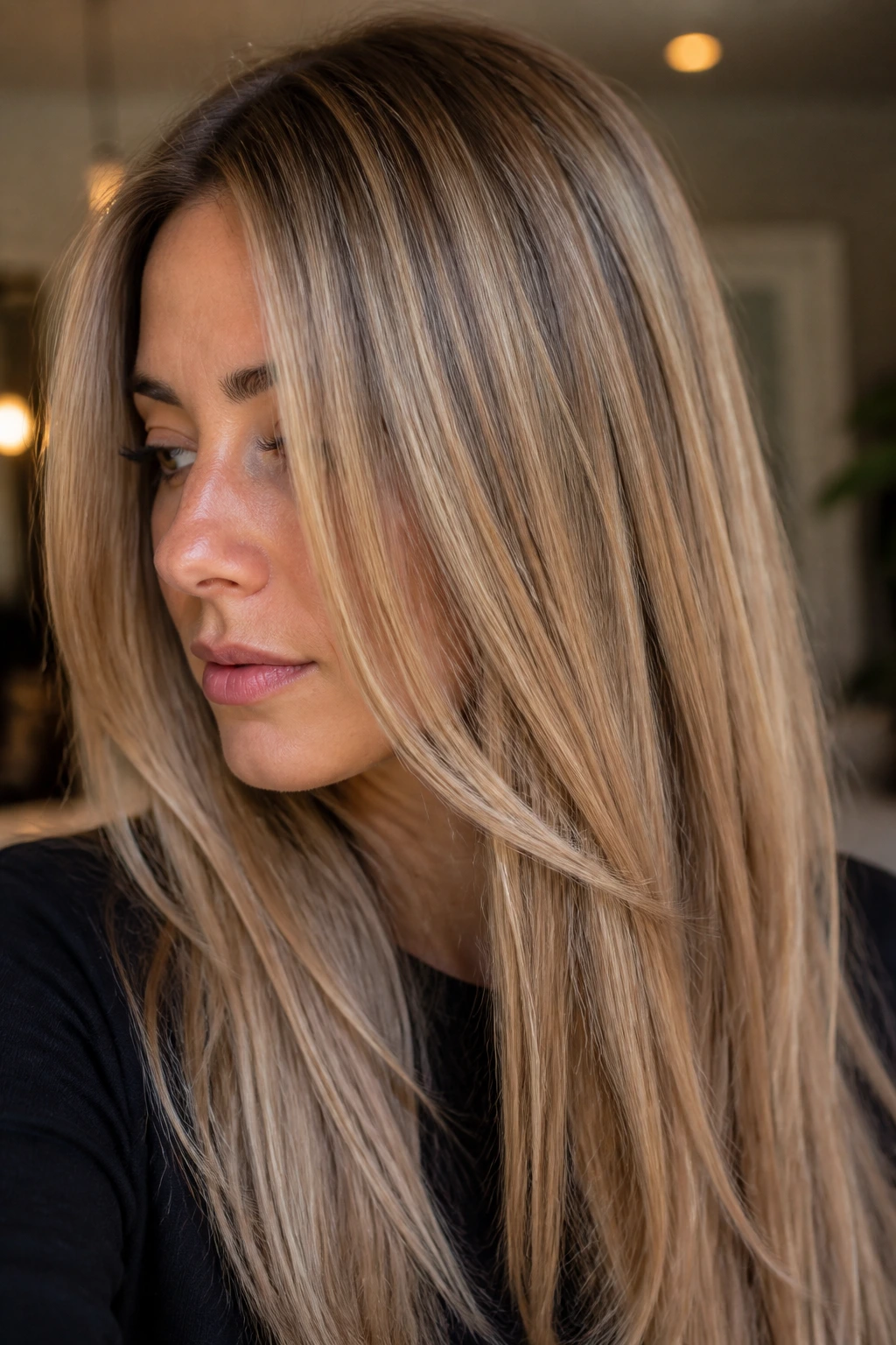 Close-up portrait of a real woman with biscuit beige hair and cocoa lowlights