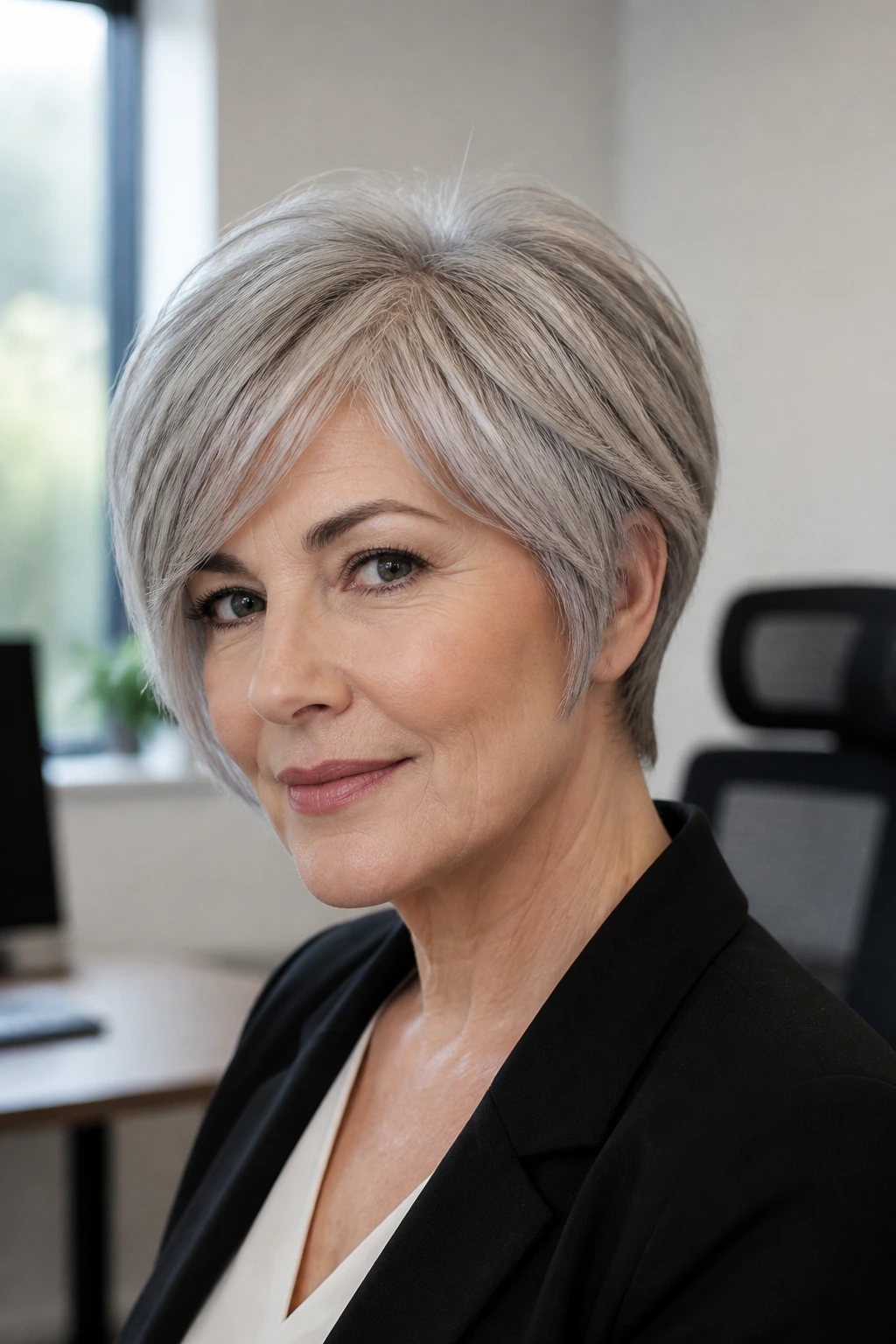 Close-up portrait of a real woman with a bixie hairstyle in an office