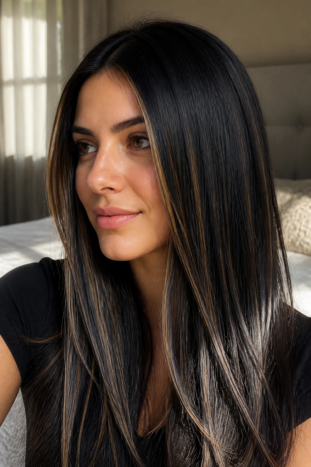 Close-up of a real woman's hair showing midnight black base with soft gold babylights.