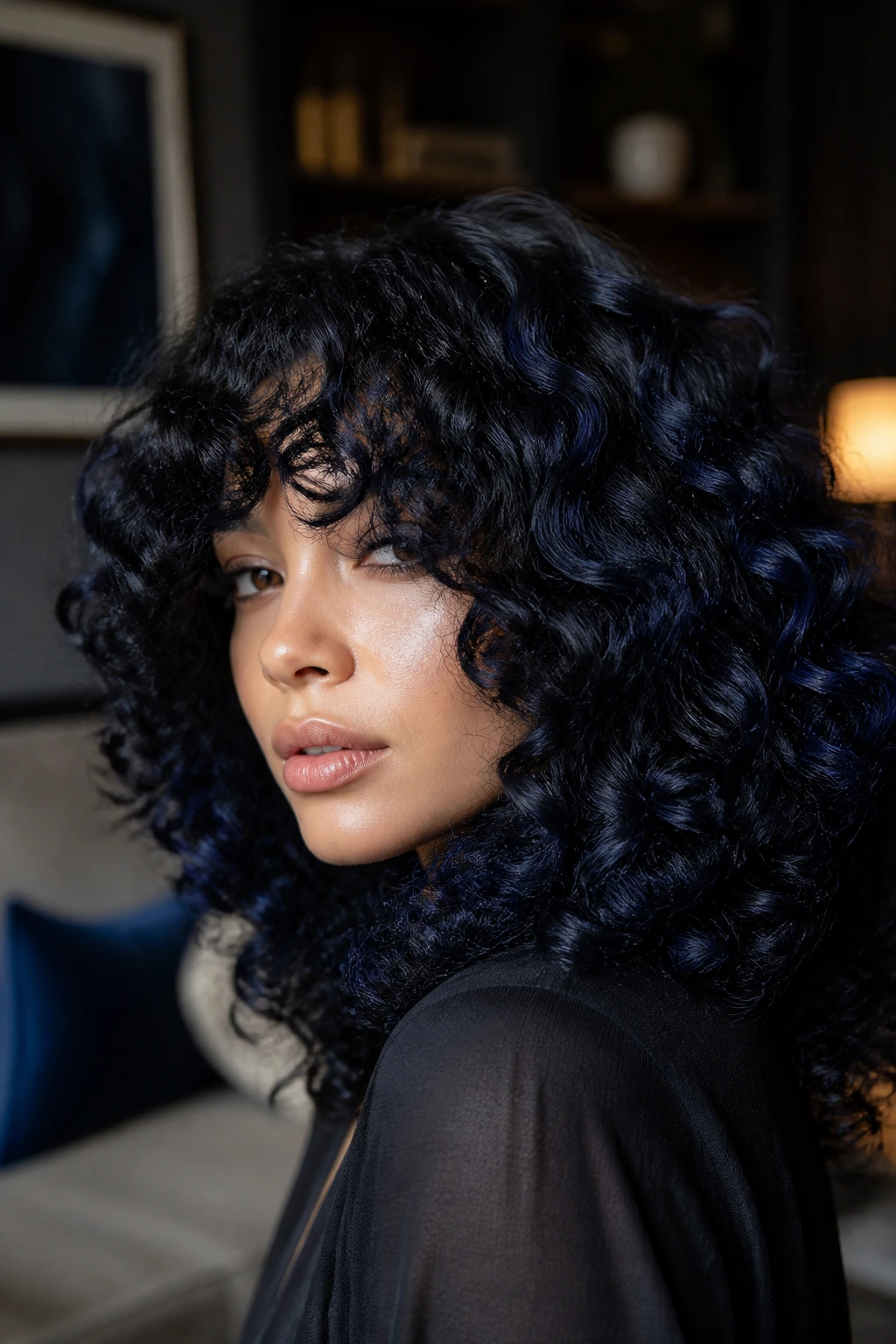 Close-up of jet-black curls with indigo glaze