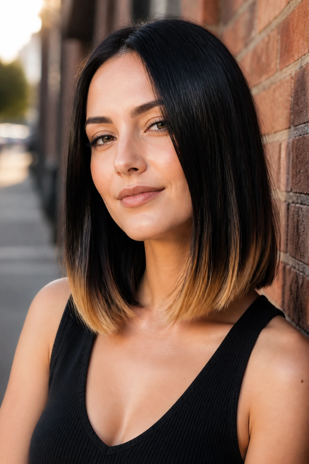 Close-up of a woman with a black lob and gold tips at the ends.