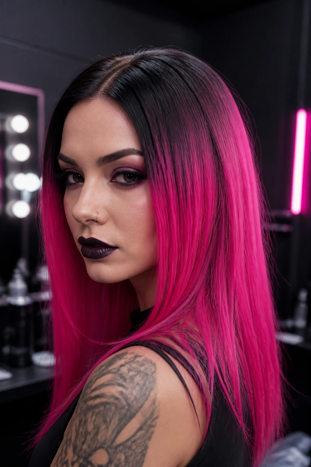 Portrait of a woman with black roots fading to neon pink ends