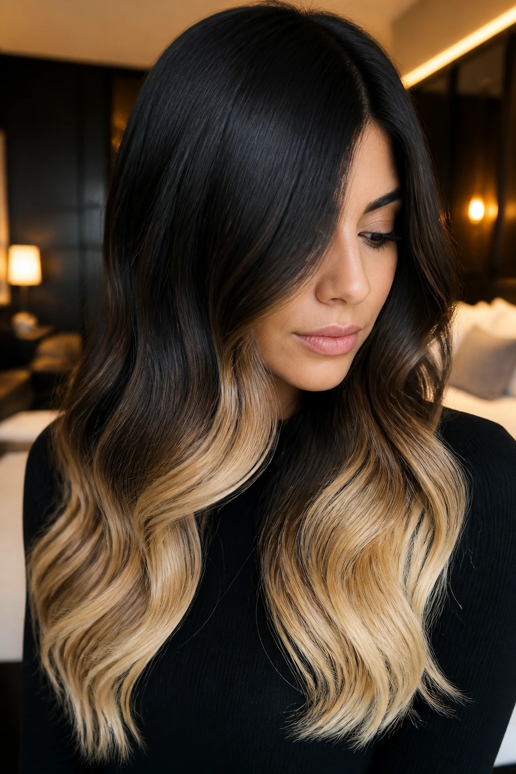 Close-up of a real person with black velvet hair fading to gold ombré at the ends.