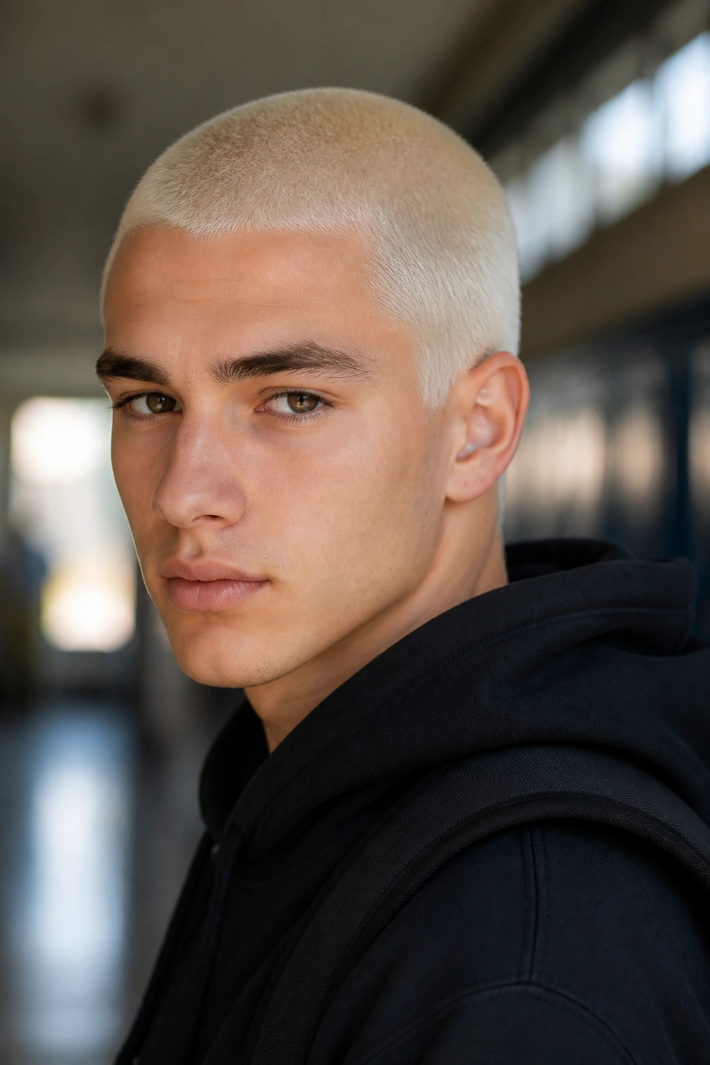Close-up of a student with platinum buzz cut in a school hallway