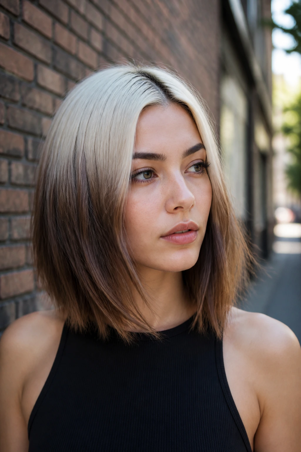 Close-up portrait of a real person with bleach roots and natural ends in a lob.