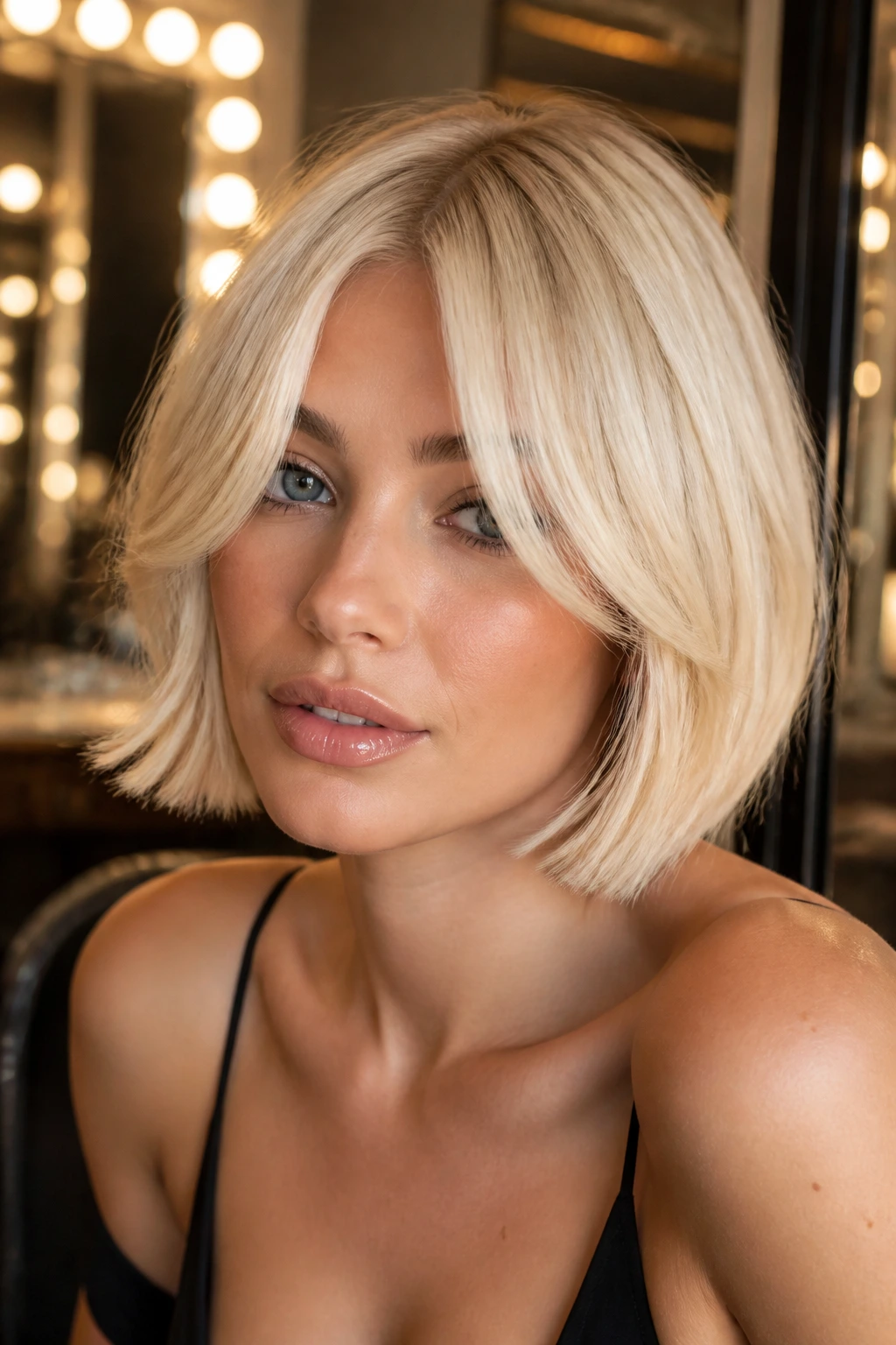 Real woman with platinum blonde bob and curtain fringe in a glamorous setting.