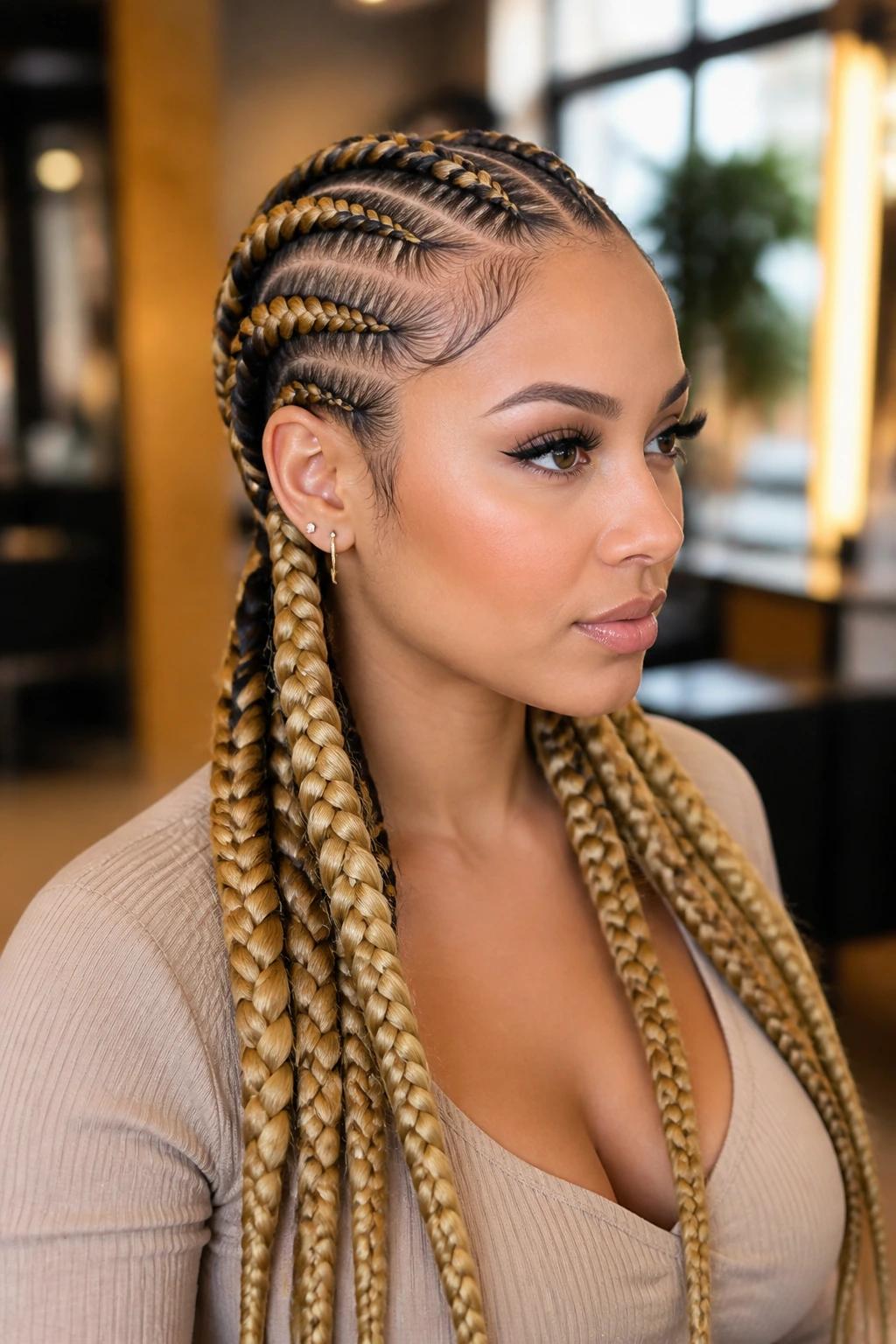 Real woman wearing blonde high-contrast extensions in braids.