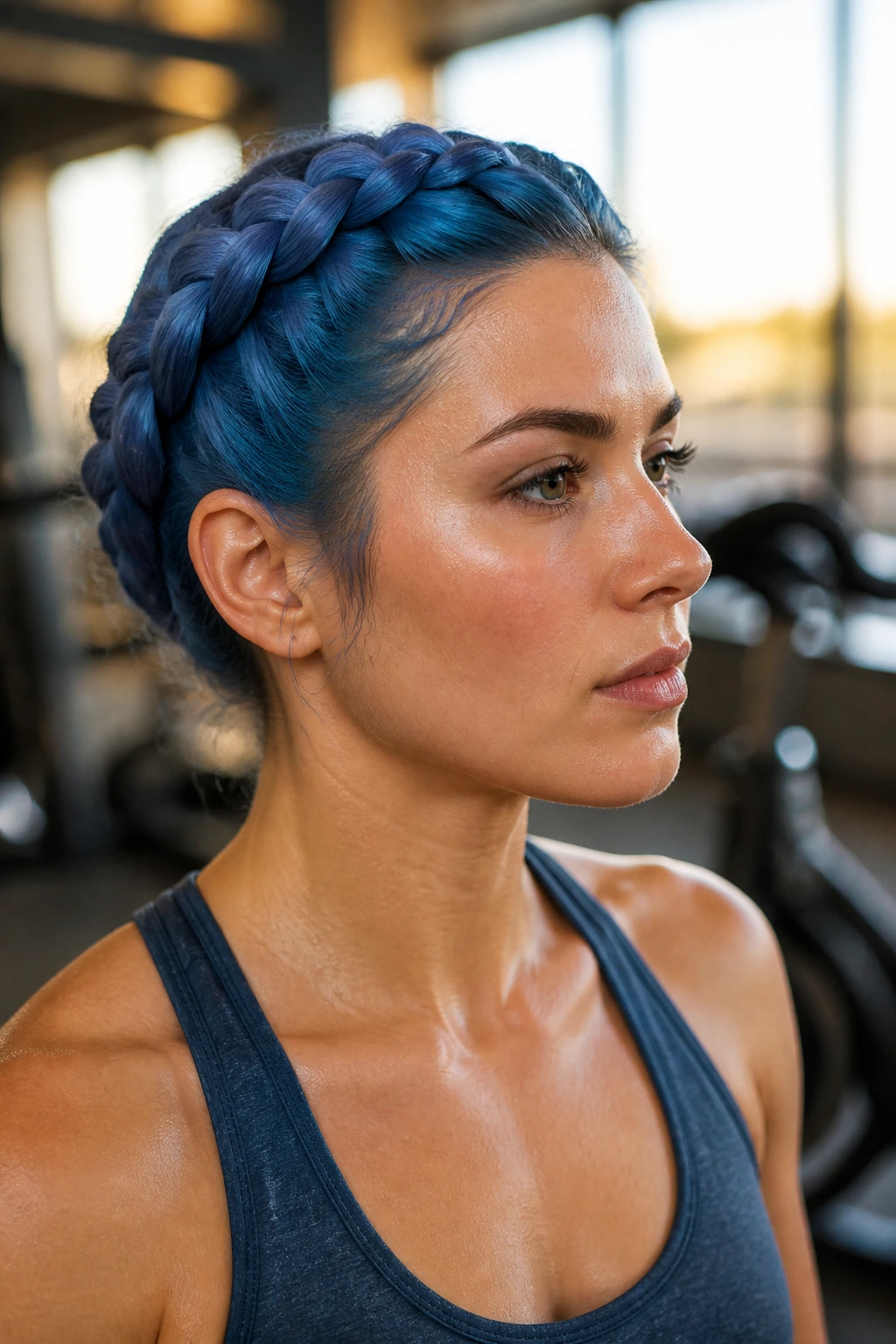 Close-up of a real person with a crown braid in blue hair during cardio
