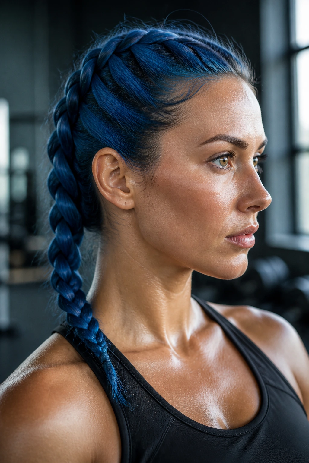 Close-up of a real woman with a taut French blue braid in a gym setting