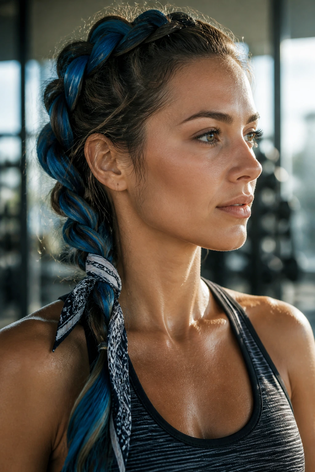 Close-up of a real woman with a blue bandana-braided hybrid during a workout