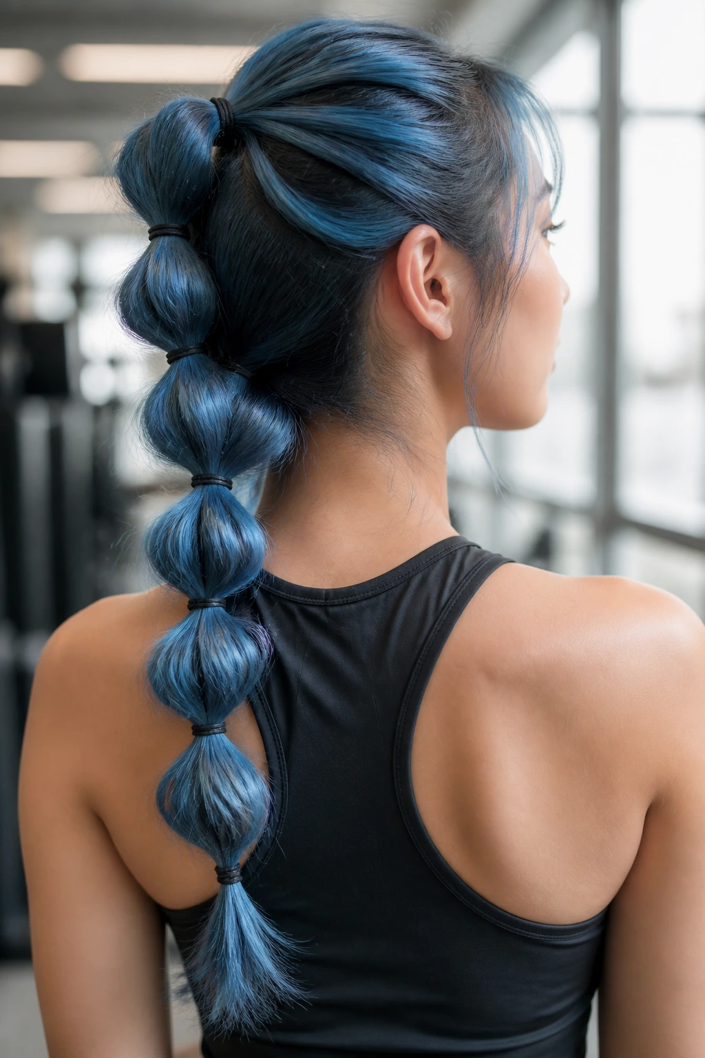 Close-up of a real woman with a French blue bubble braid in a gym setting