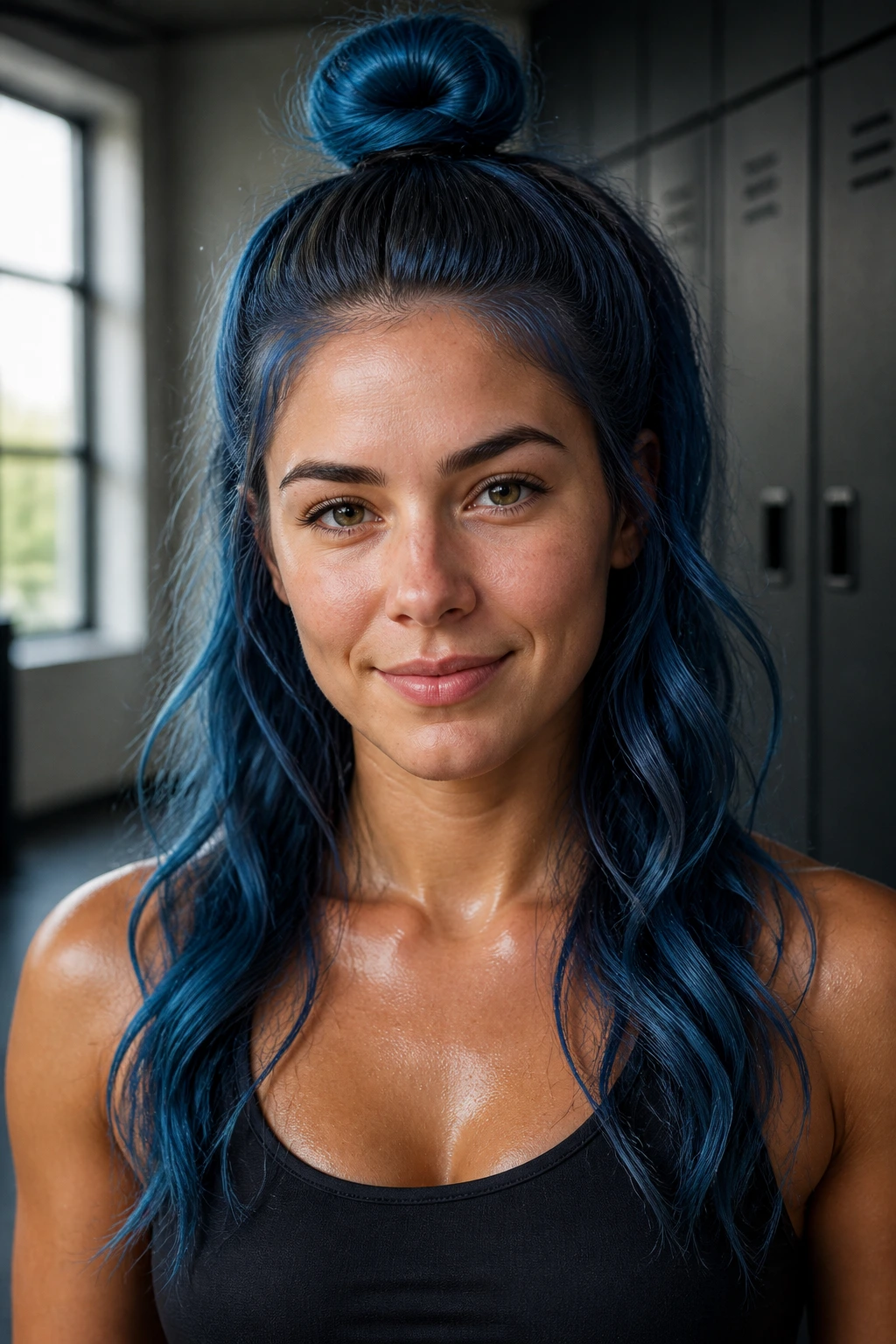 Close-up of a real woman with a half-up top-knot in vibrant French blue, gym background
