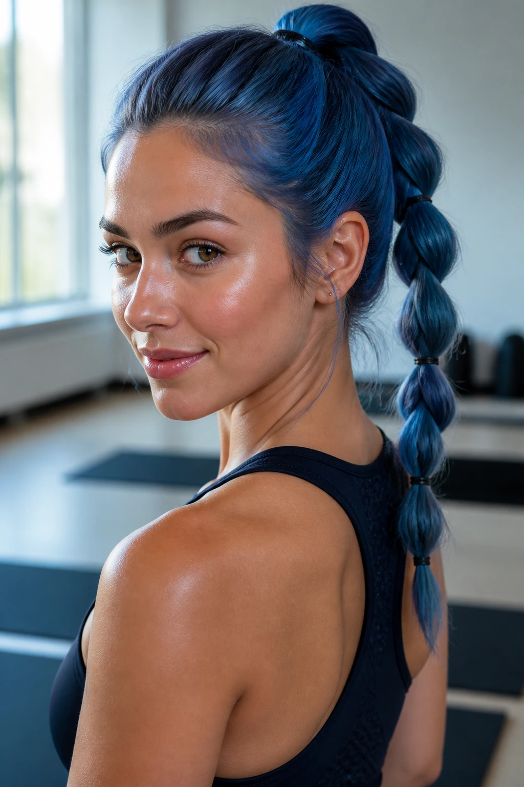 Close-up of a real woman with a pull-through braid in French blue during a workout