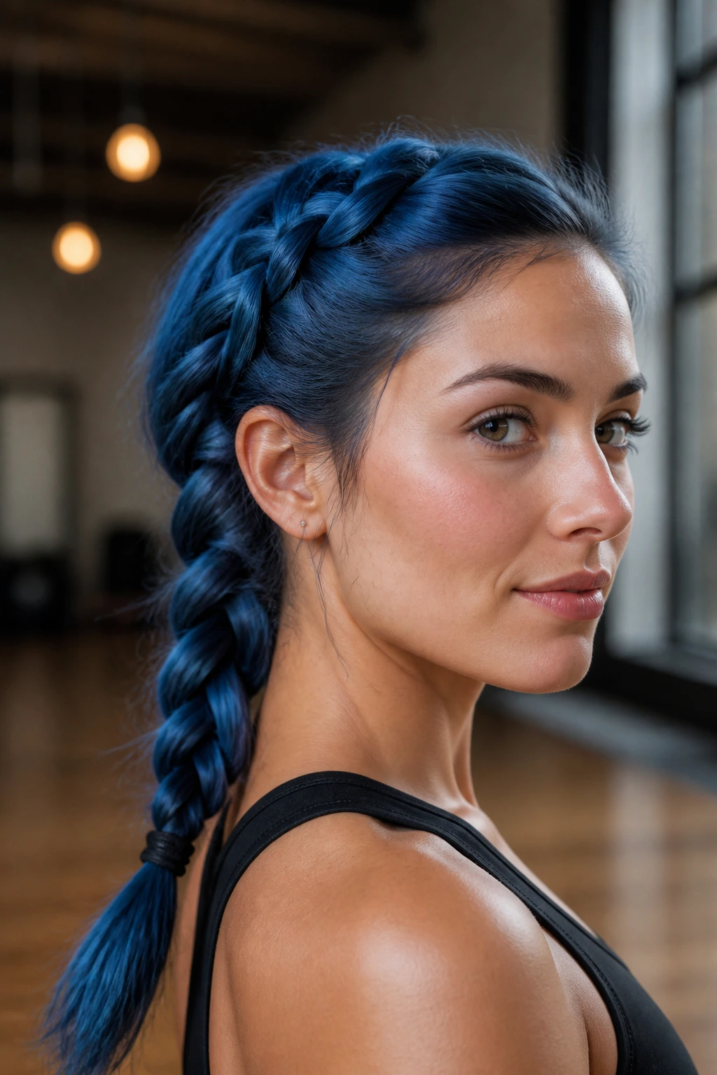 Close-up of a real woman with a rope braid in French blue in a gym setting