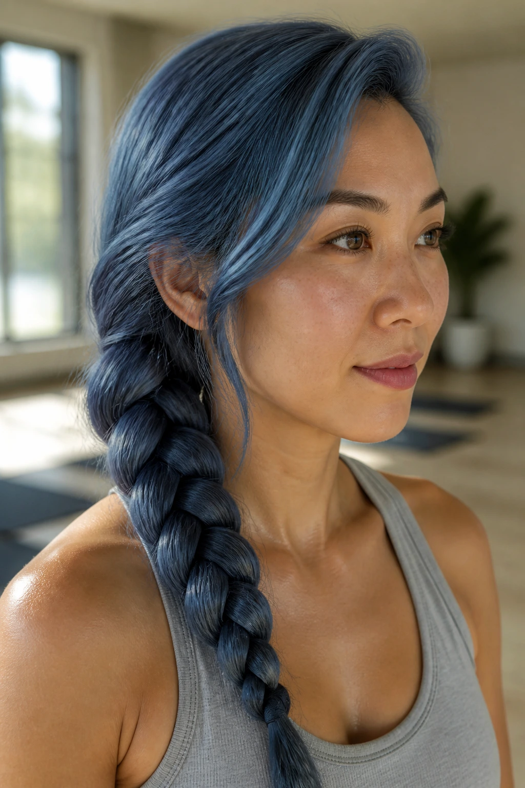 Close-up of a real woman with a French blue side-swept braid in a fitness setting