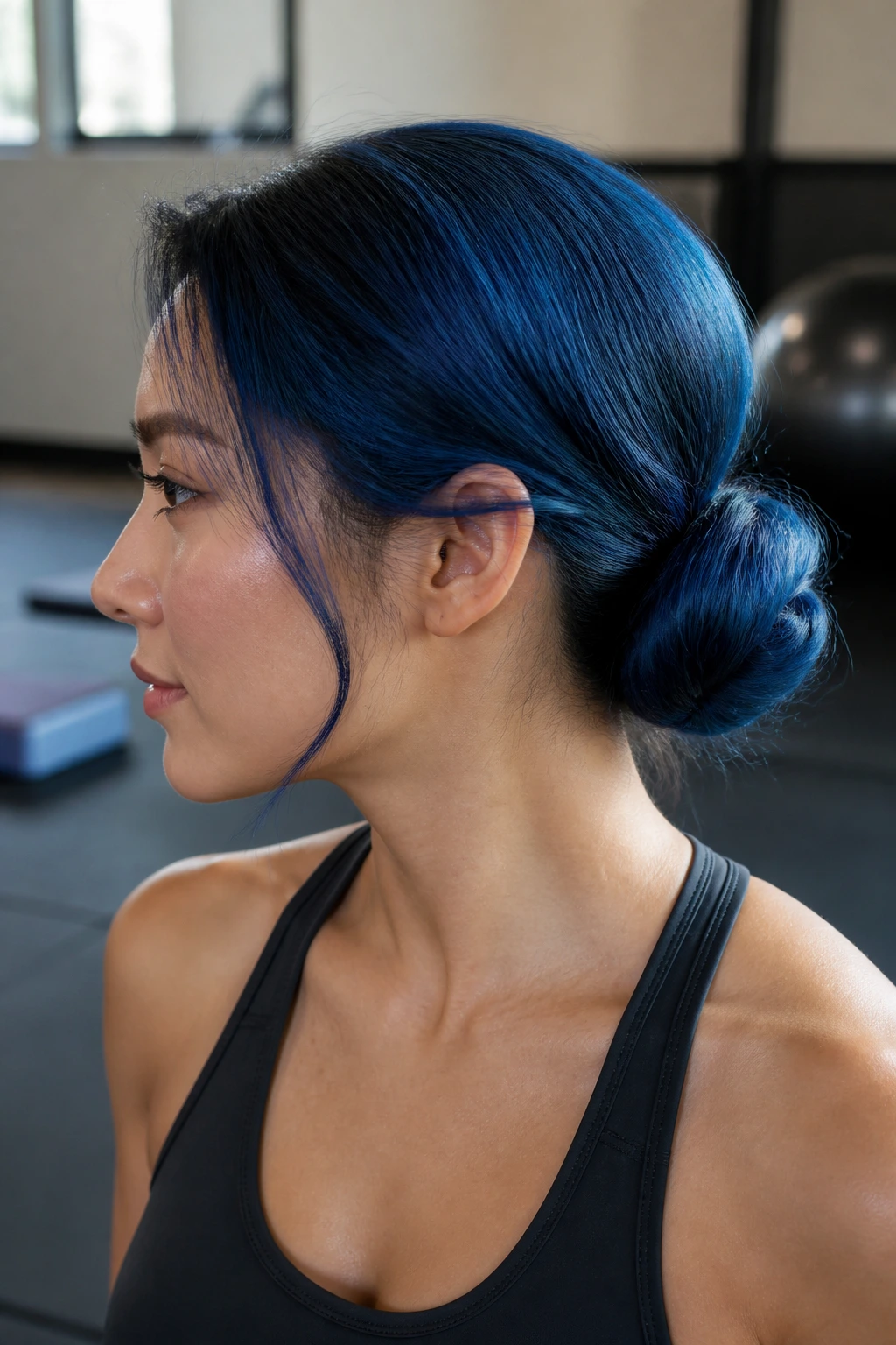 Close-up of a real person with a low twisted bun in blue hair