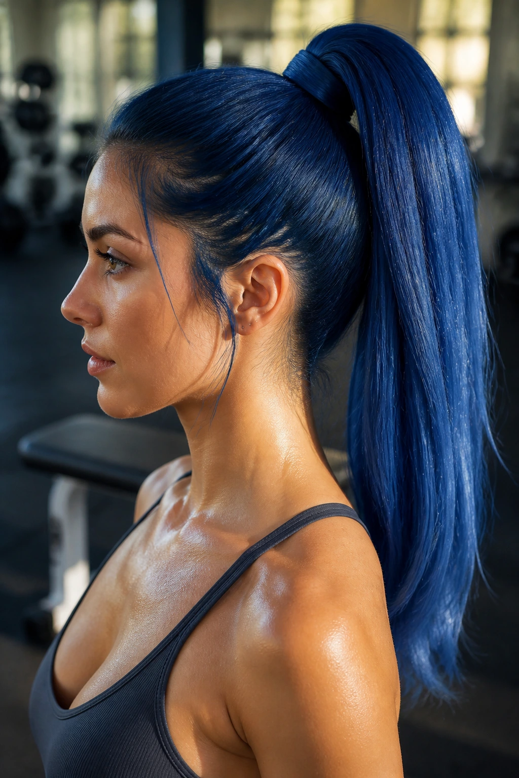 Close-up of a real woman with a sleek blue high ponytail in a gym