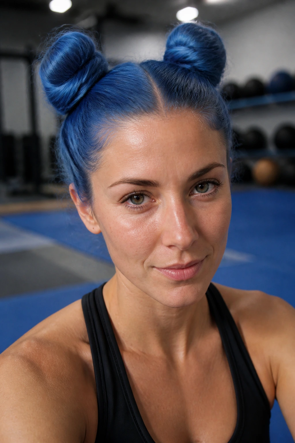 Close-up of a real person with blue space buns in a gym