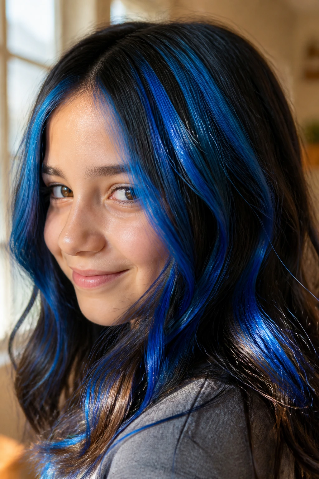 Close-up of a real person with cobalt blue streaks in dark hair.