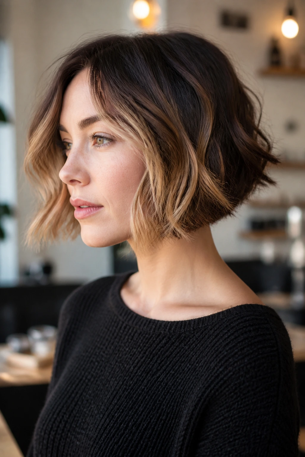 Close-up of a real person with blunt-back textured-front bob