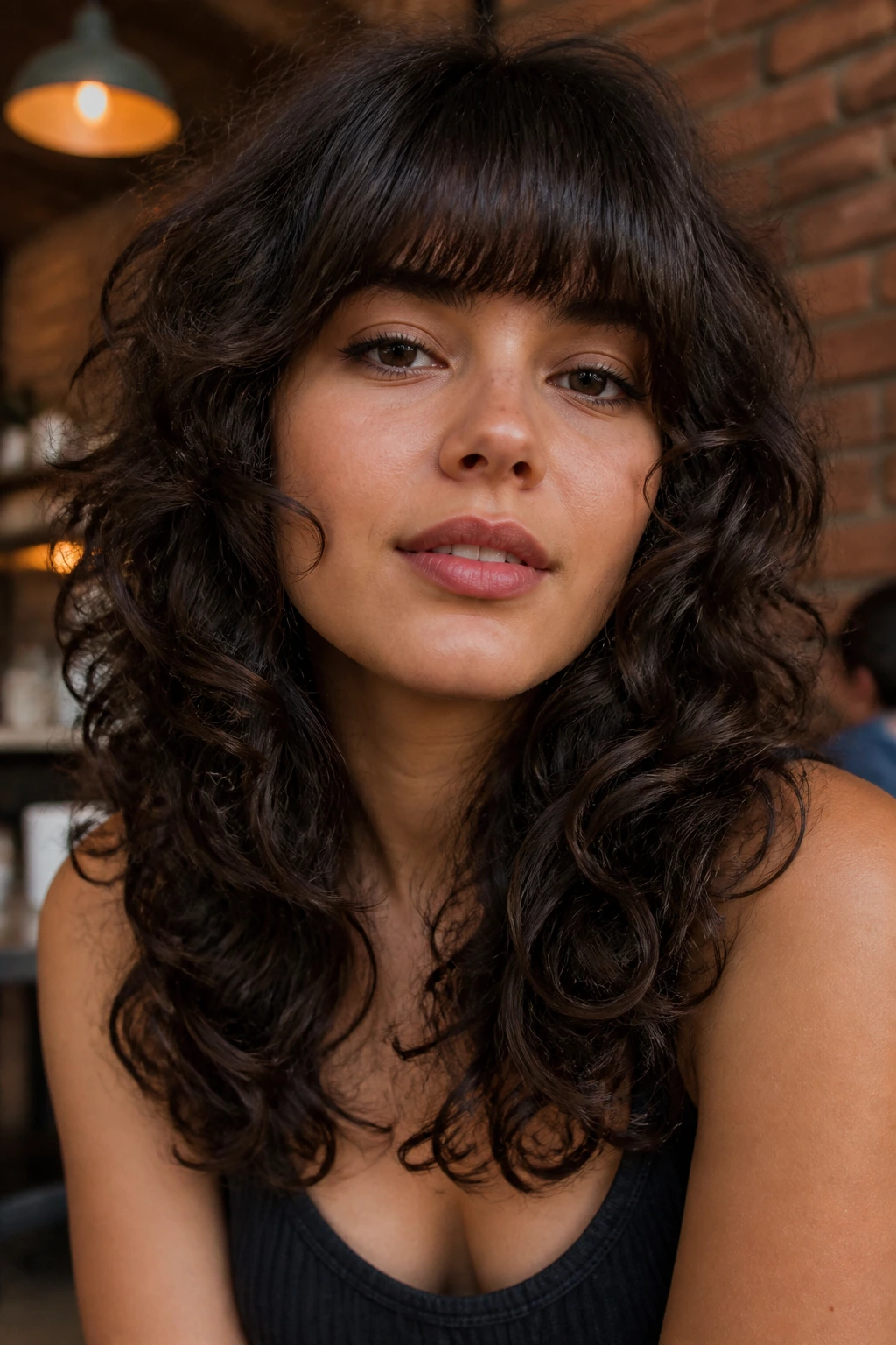 Close-up of a real person with blunt bangs and curly butterfly layers