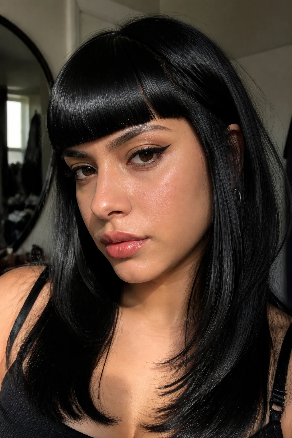 Close-up of a real Latina woman with obsidian blunt bangs in soft window light
