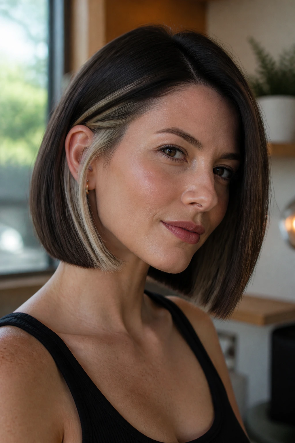 Real woman with blunt chin-length bob and ash blonde peekaboo underlayers.