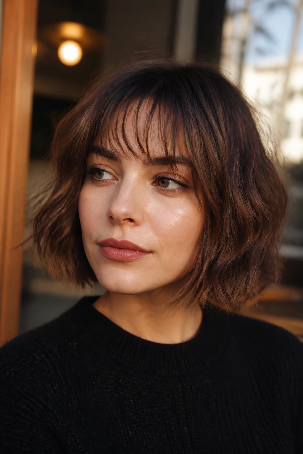 Close-up of a real woman with blunt bob and see-through bangs