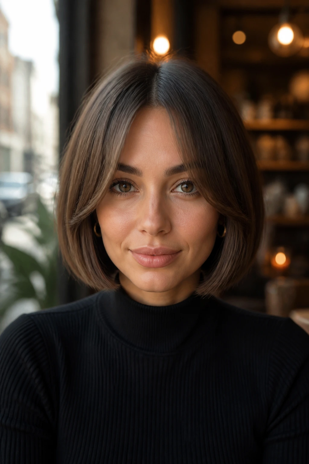 Portrait of a woman with center-parted curtain bangs and blunt bob.