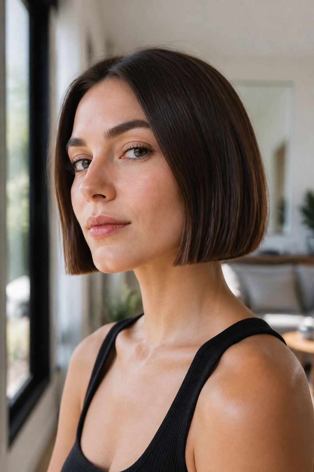 Close-up portrait of a real woman with a blunt chin-length bob in soft window light