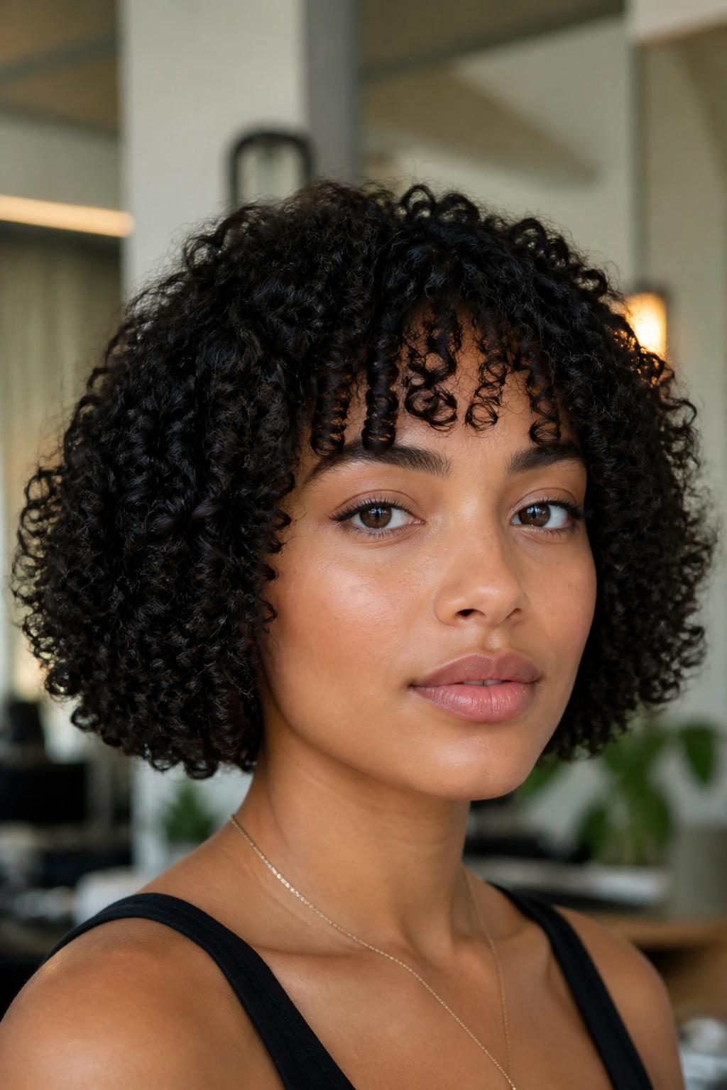 Close-up of a woman with a tight-coil blunt bob and short curtain bangs