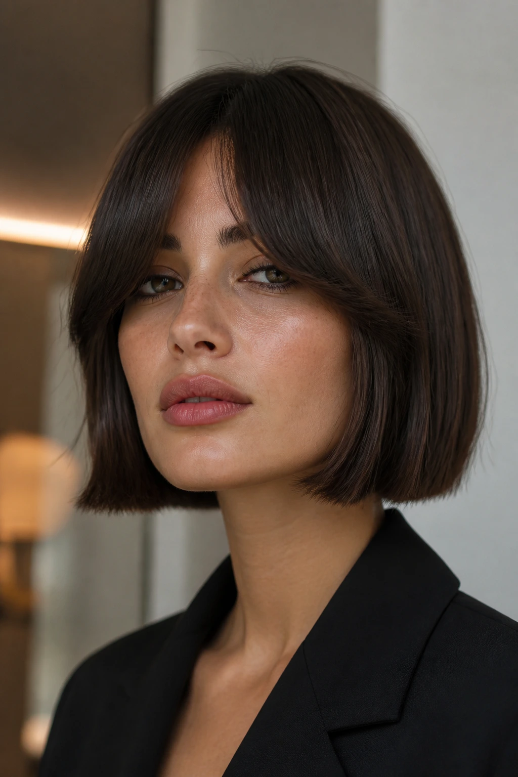 Close-up of a woman with a blunt jaw-length bob and heavy curtain bangs