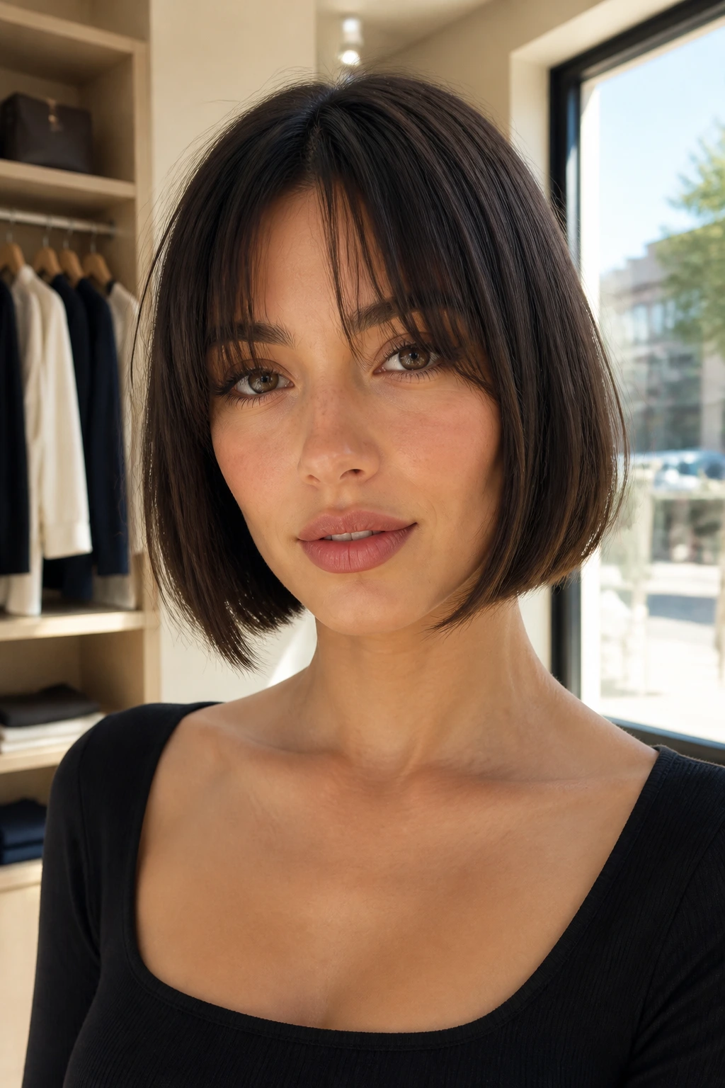 Portrait of a woman with blunt bob and curtain fringes in sunlit dressing room.