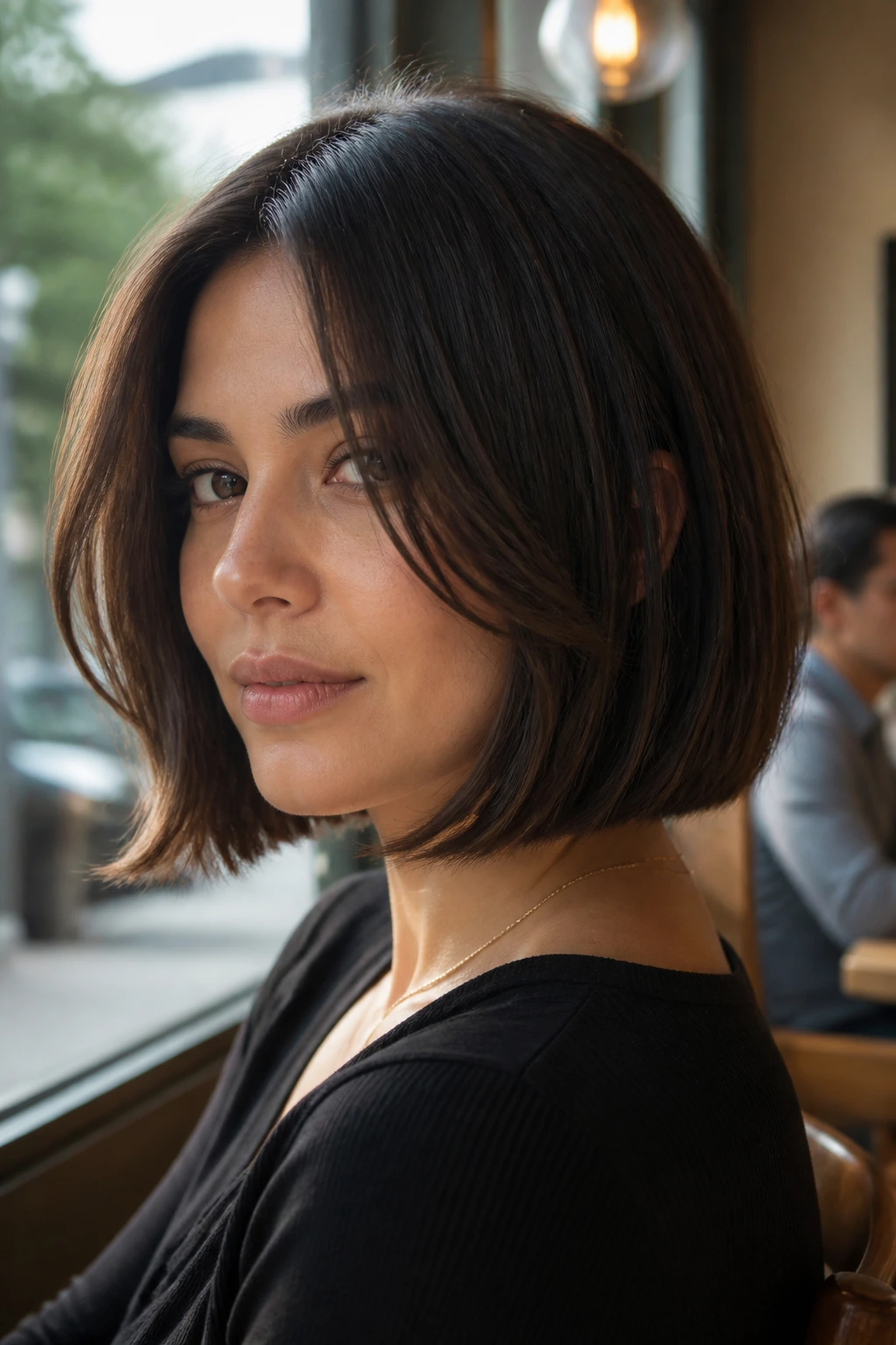 Portrait of a woman in blunt bob with face-framing curtains.