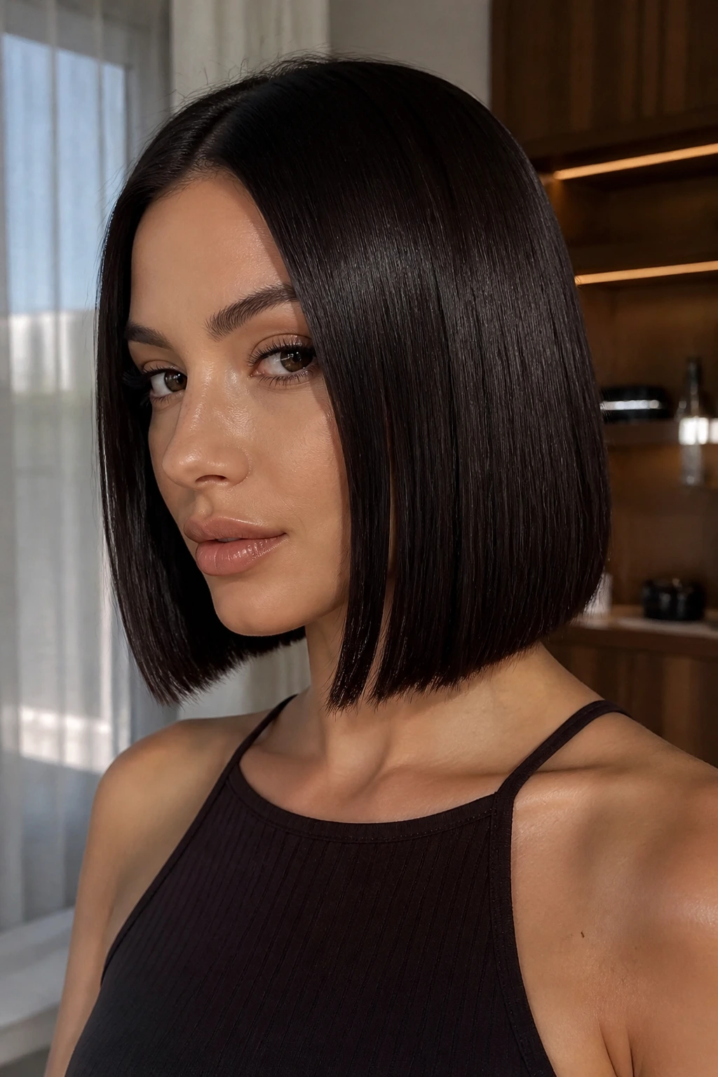 Close up of a real woman sporting a glossy midnight blunt bob in espresso shade