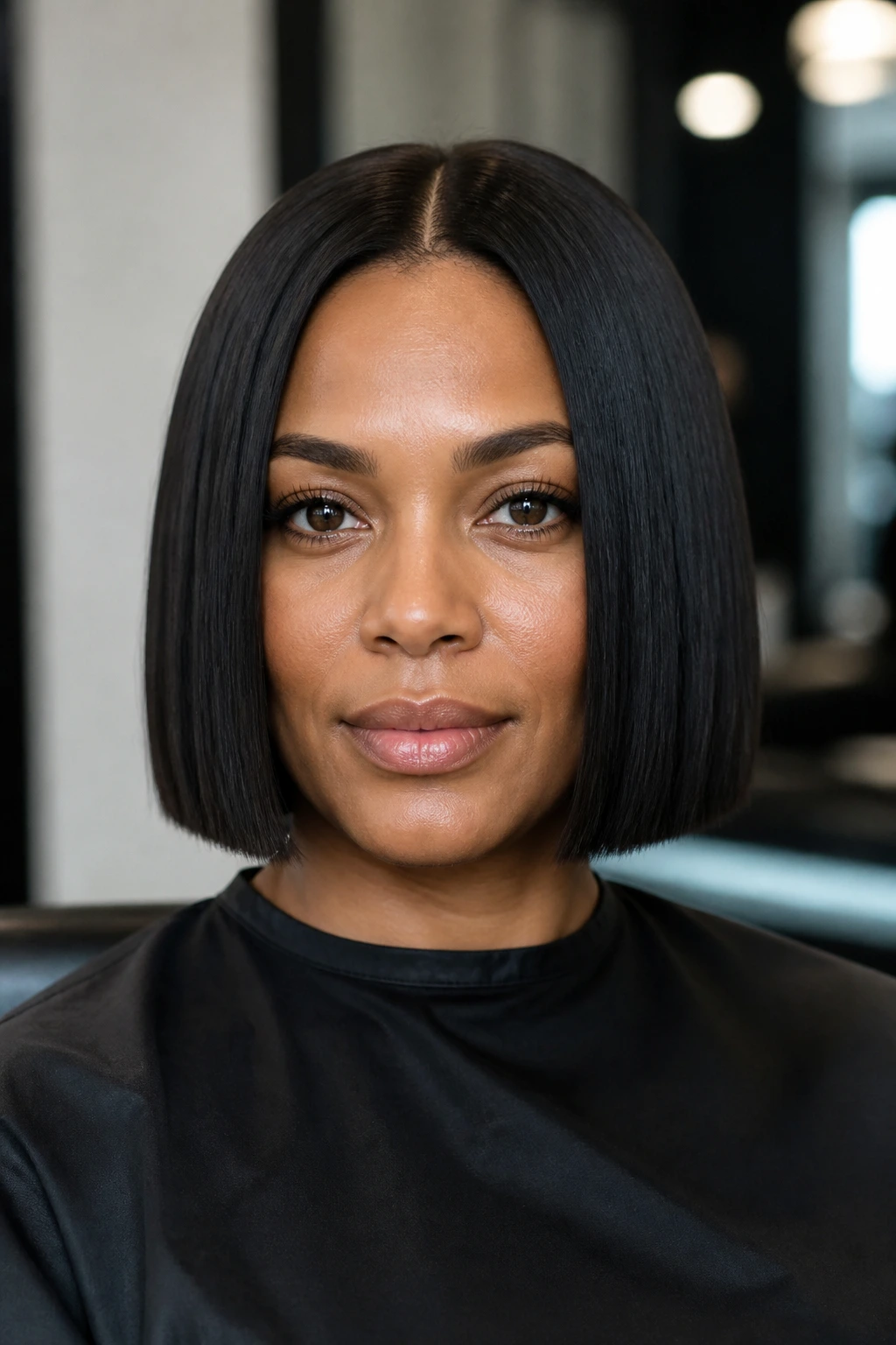 Close-up of blunt bob on a real person with a precise jaw-length edge