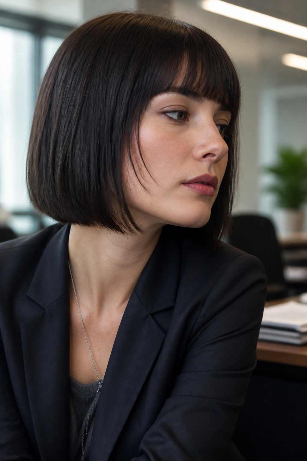Close-up of a real woman with a blunt bob and internal layers in office light
