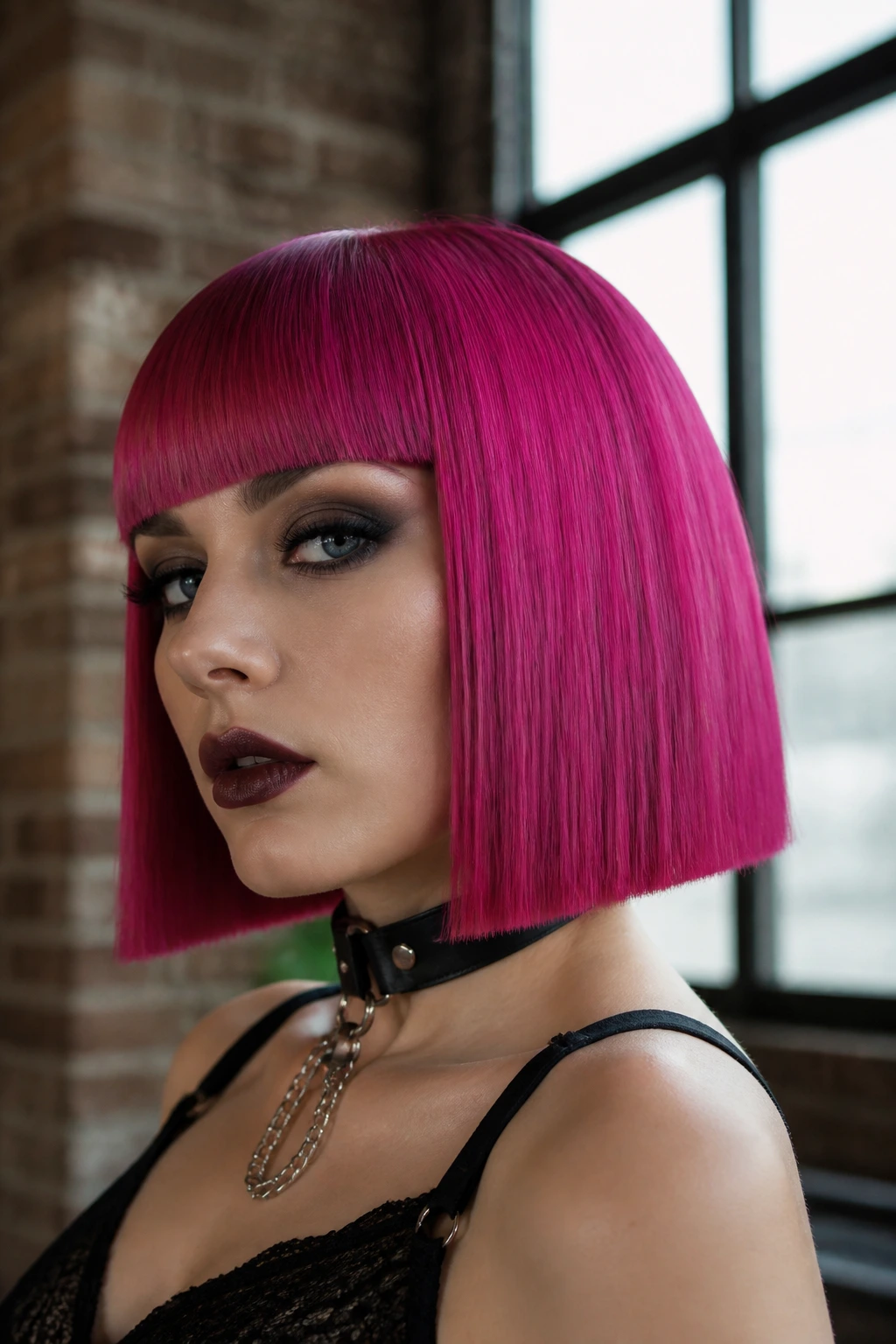 Close-up of a real woman with a magenta blunt bob under natural window light